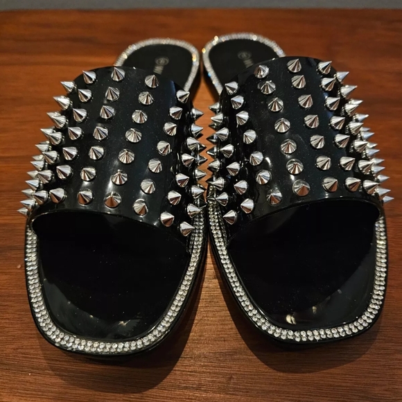 Sexy Punk Goth Wild Diva Spiked studded Rhinestone jelly flats slides 7 8 - Picture 3 of 6